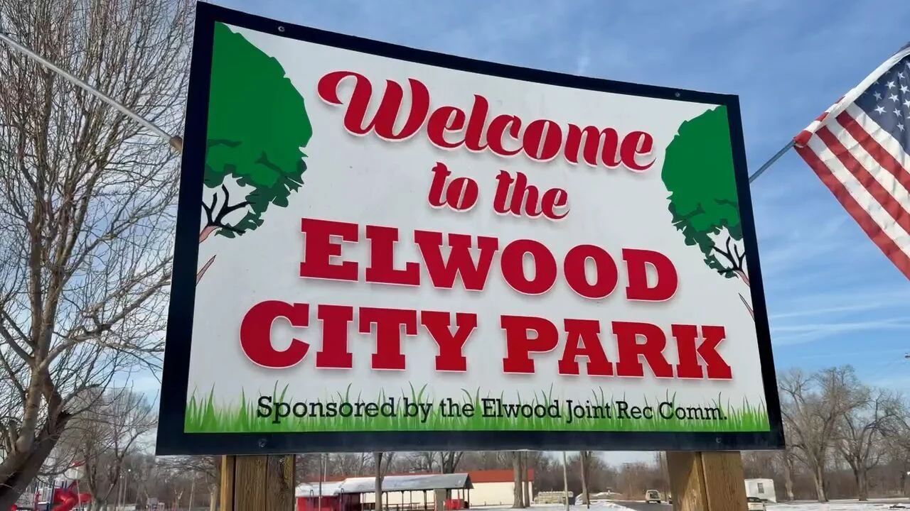 A sign welcomes visitors to Elwood City Park in Elwood, Kansas.
