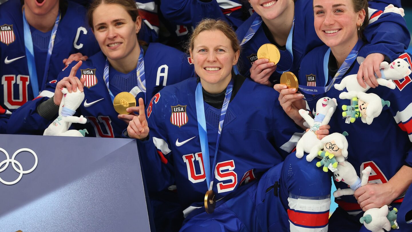 <i>NBC Olympics</i><br/>Kendall Coyne Schofield celebrates after winning gold