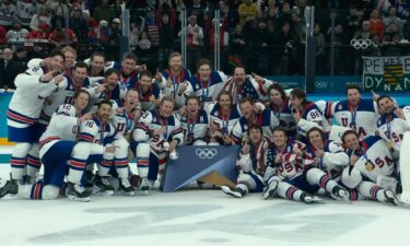 U.S. men's hockey celebrates its gold medal.