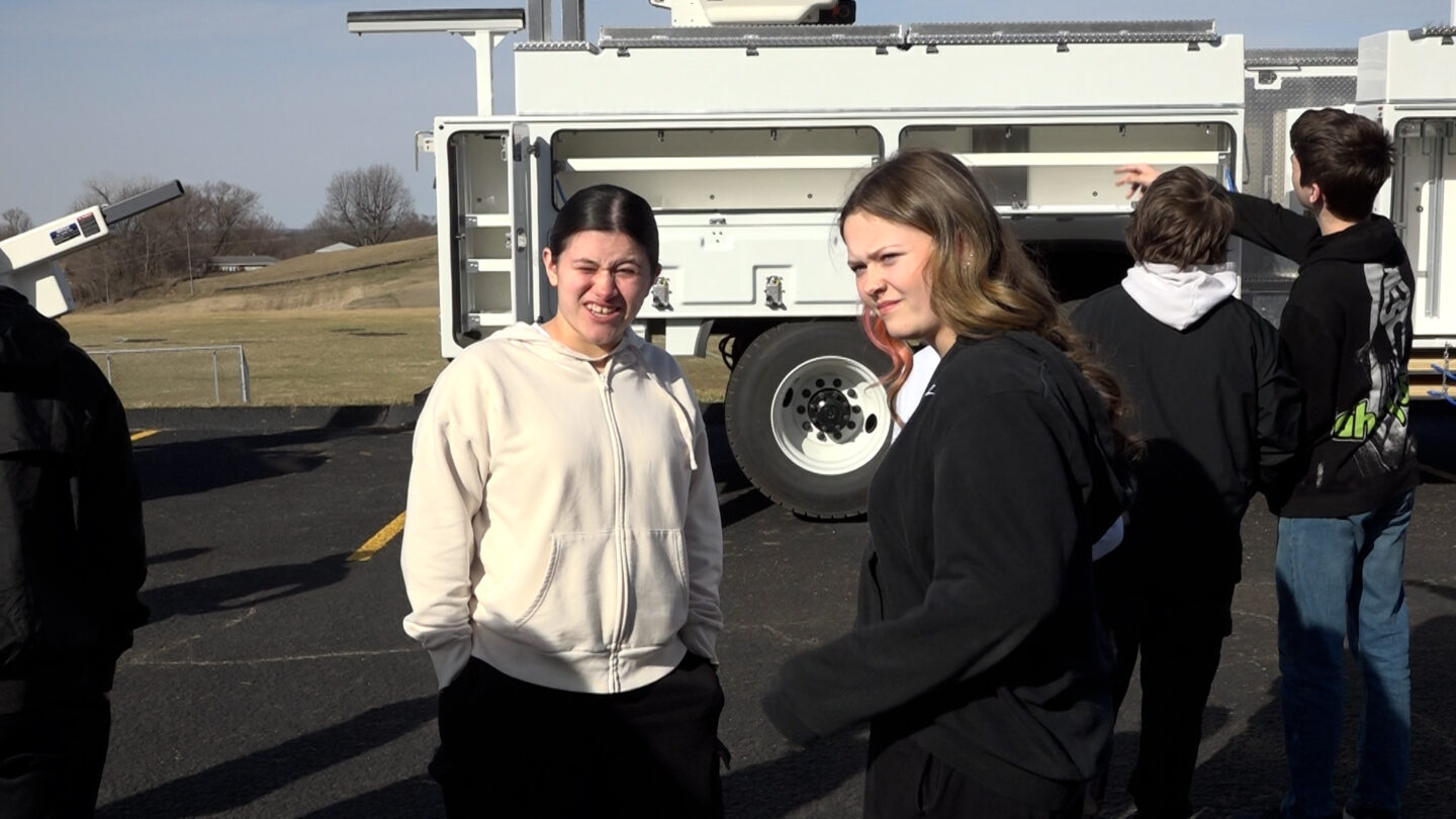 Spring Garden students wait for the representatives to demonstrate the boom truck,