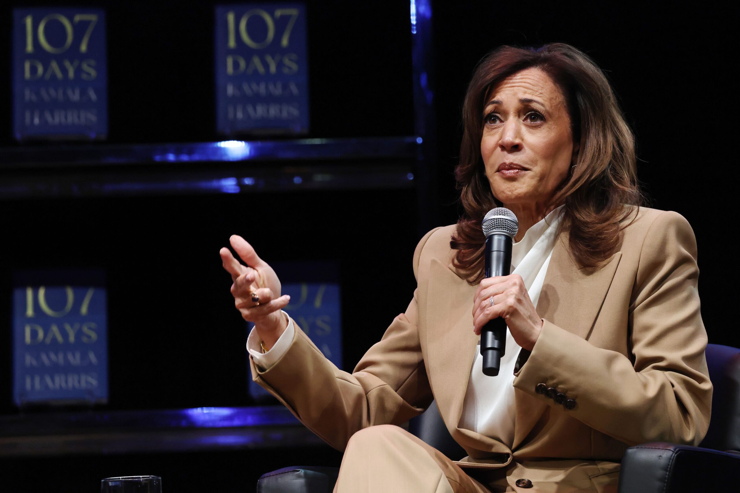 <i>Mario Tama/Getty Images via CNN Newsource</i><br/>Former U.S. Vice President Kamala Harris speaks at the Wiltern Theatre in Los Angeles