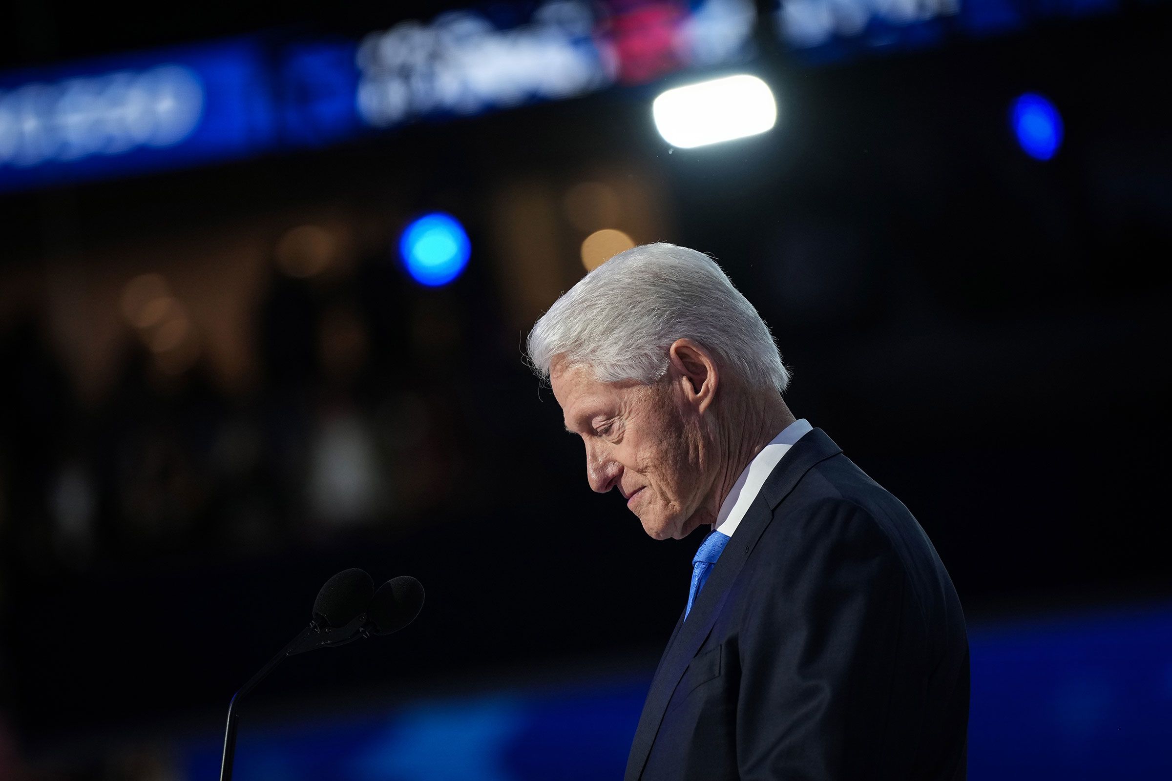 <i>Andrew Harnik/Getty Images/File via CNN Newsource</i><br/>Former President Bill Clinton speaks on stage during the third day of the Democratic National Convention in August 2024 in Chicago
