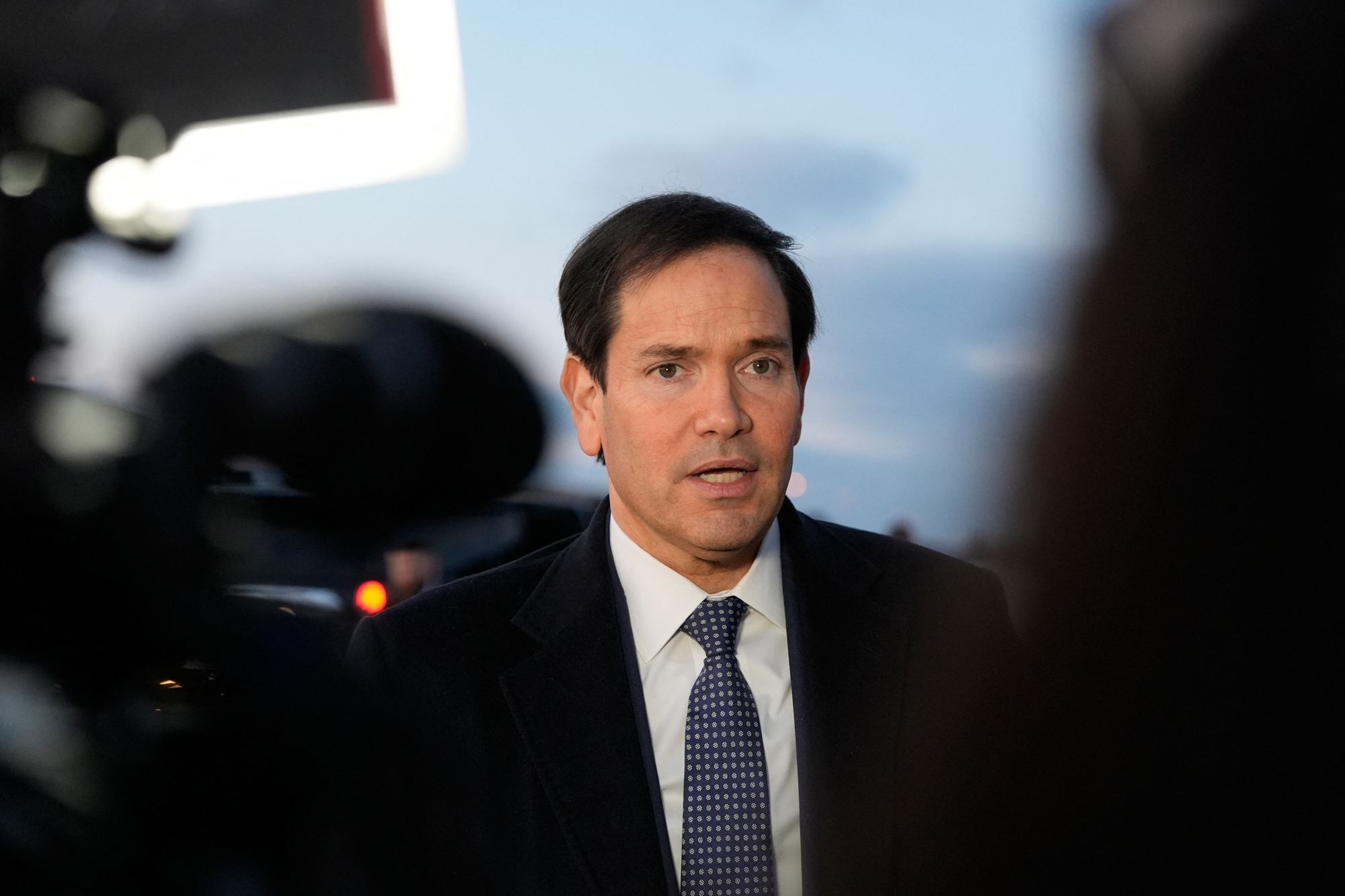 <i>Alex Brandon/POOL/AFP/Getty Images via CNN Newsource</i><br/>US Secretary of State Marco Rubio speaks to reporters before boarding his plane