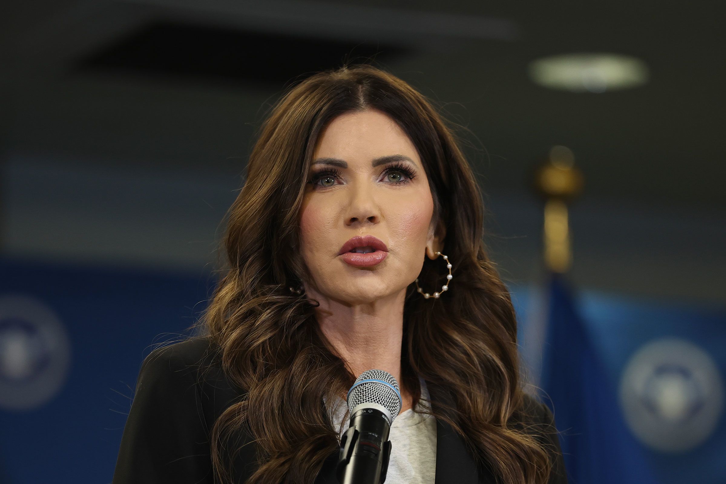 <i>Joe Raedle/Getty Images/File via CNN Newsource</i><br/>Secretary of Homeland Security Kristi Noem speaks during a news conference at Miami International Airport in Miami