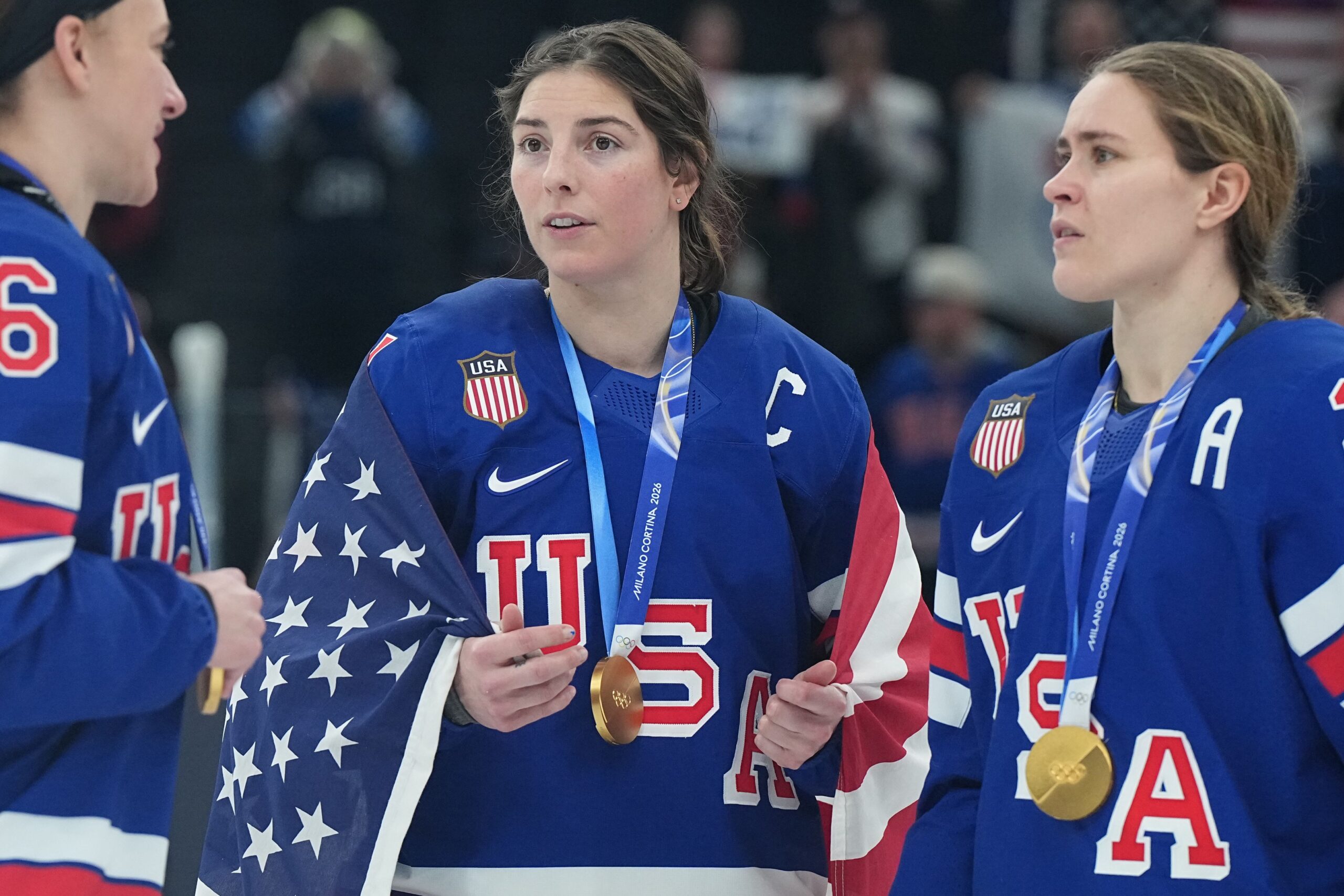 <i>Erick W. Rasco/Sports Illustrated/Getty Images via CNN Newsource</i><br/>Team USA captain Hilary Knight (center) celebrates victory over Team Canada at the 2026 Winter Olympics.