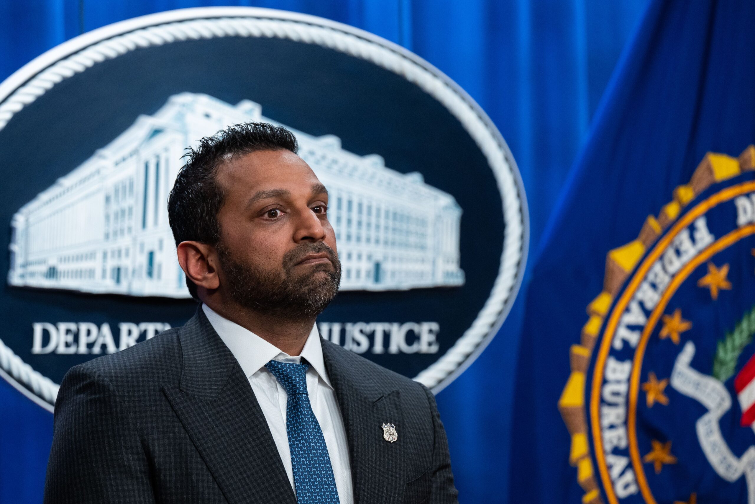 <i>Annabelle Gordon/Sipa USA/AP/File via CNN Newsource</i><br/>FBI Director Kash Patel at a press conference at the Department of Justice building in Washington