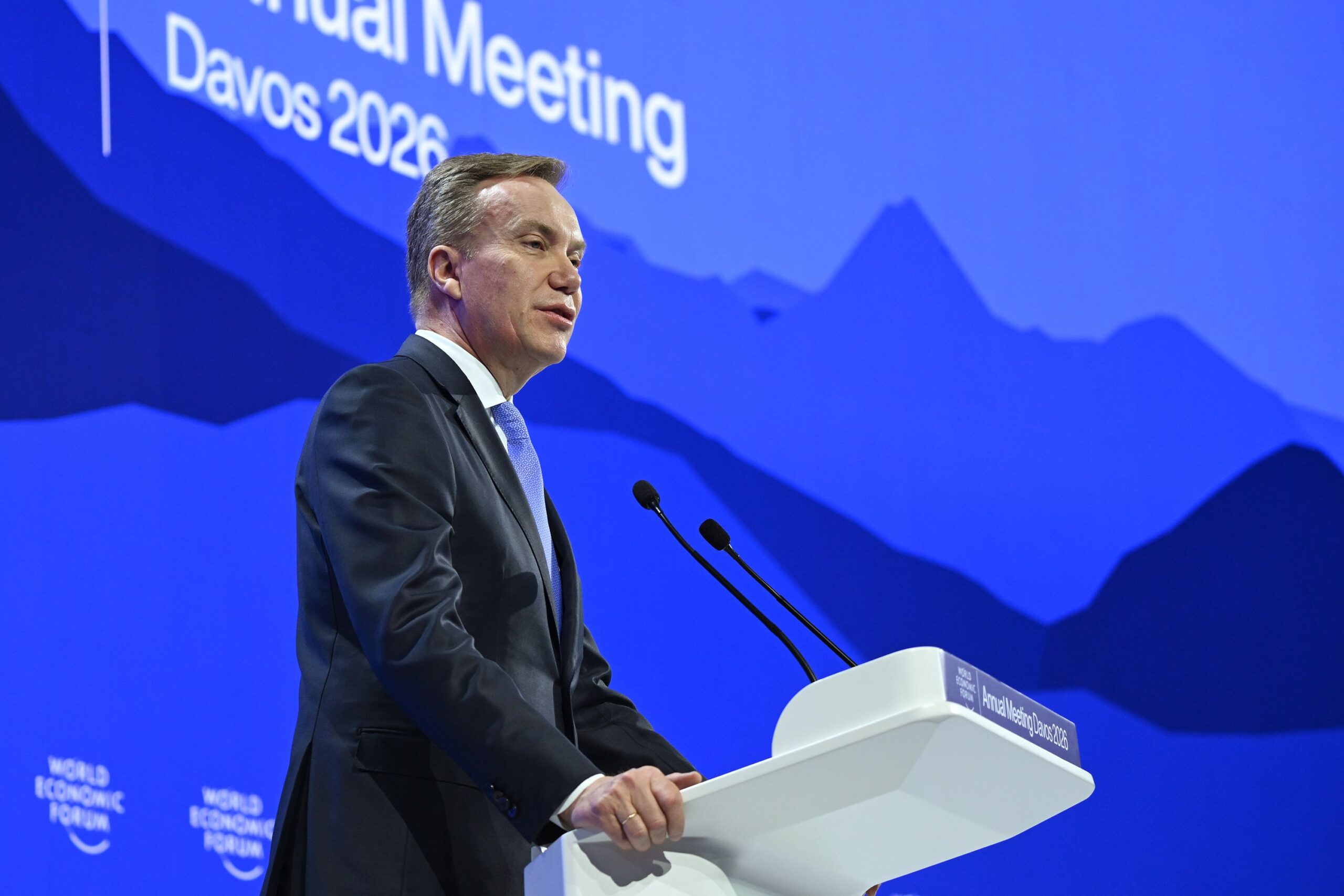 <i>Harun Ozalp/Anadolu/Getty Images via CNN Newsource</i><br/>Outgoing WEF President Børge Brende delivers a speech at the forum's annual meeting in Davos