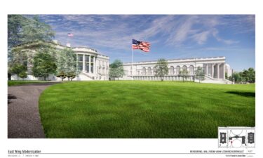 This rendering shows architectural plans for President Donald Trump’s proposed White House ballroom.