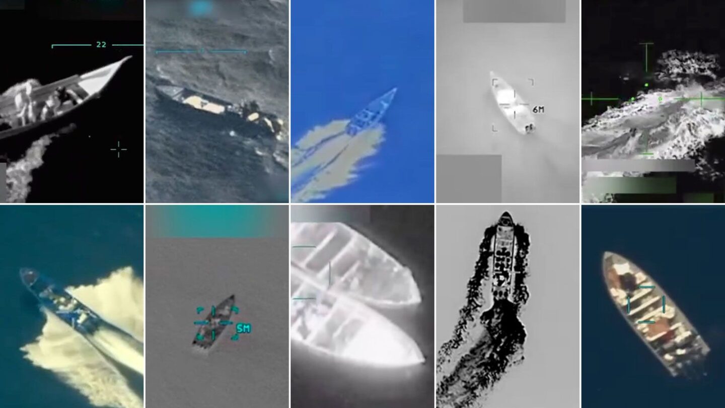 <i>Pete Hegseth/X/Donald Trump/Truth Social via CNN Newsource</i><br/>This grid of images shows 10 of the 11 incidents in which the US military has targeted boats in international waters
