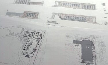 Artist renderings and diagrams of the new White House ballroom are photographed on February 17.