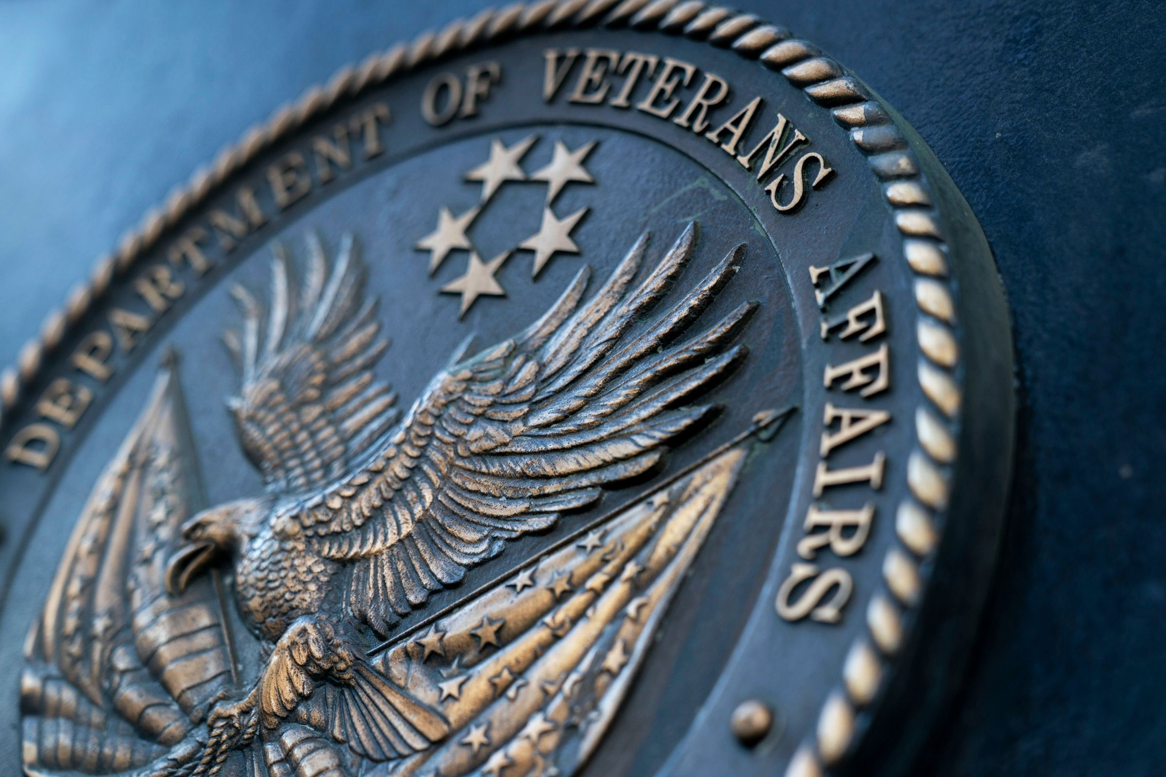 <i>Stefani Reynolds/Bloomberg/Getty Images via CNN Newsource</i><br/>The seal of the Department of Veterans Affairs outside its headquarters in Washington