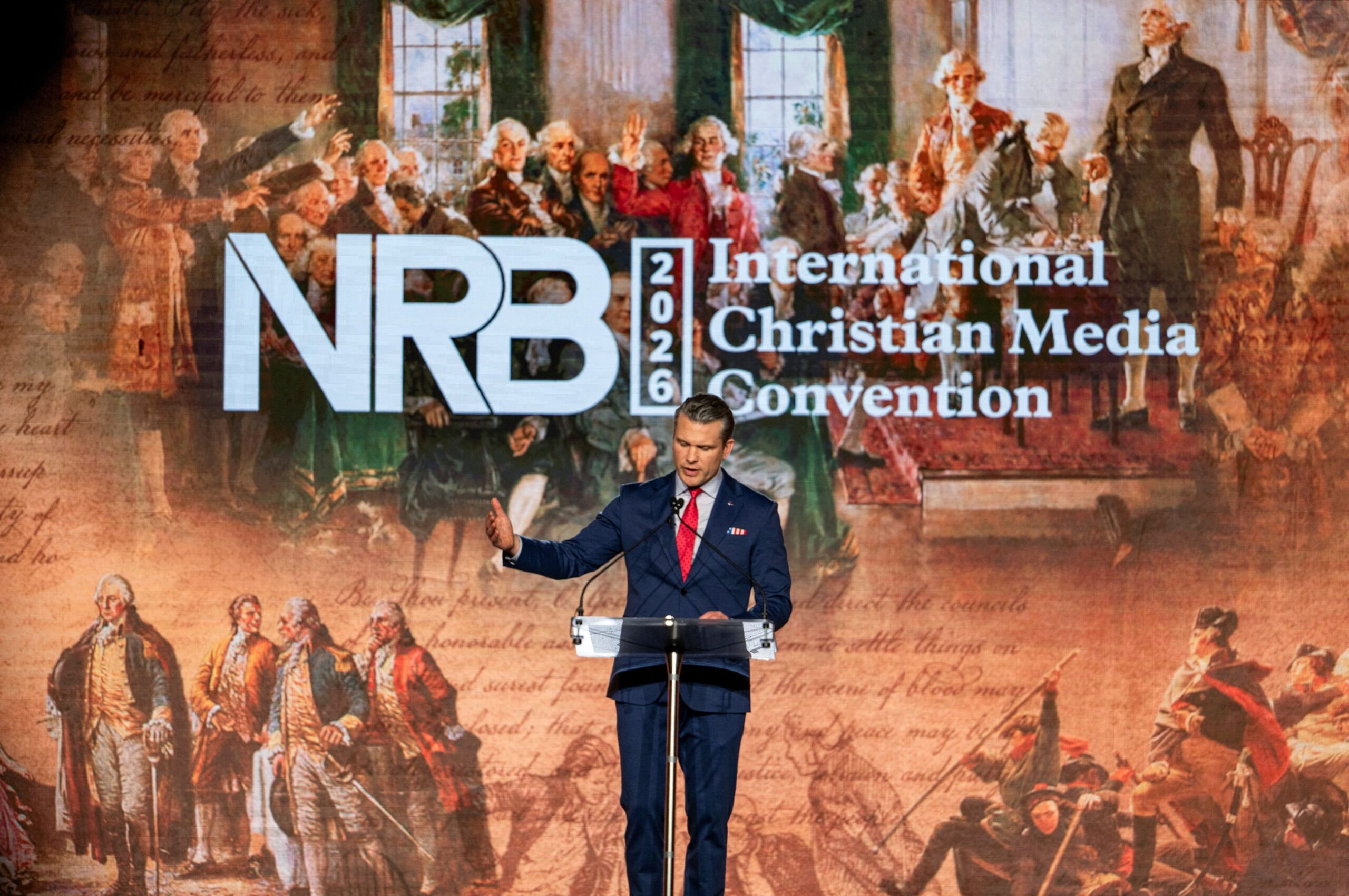 <i>Seth Herald/Reuters via CNN Newsource</i><br/>U.S. Secretary of Defense Pete Hegseth speaks at the 2026 International Christian Media Convention at the Gaylord Opryland Resort and Convention Center in Nashville