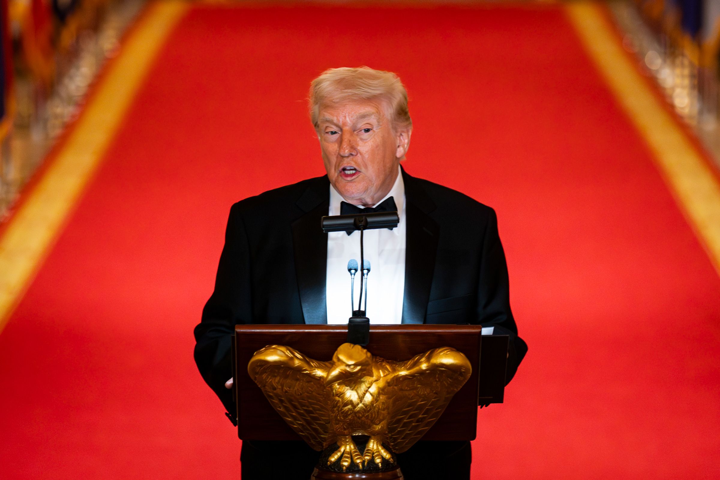 <i>Al Drago/Getty Images via CNN Newsource</i><br/>President Donald Trump speaks during a dinner for governors at the White House on February 21.
