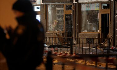 Damaged building at the site of explosions in in Lviv