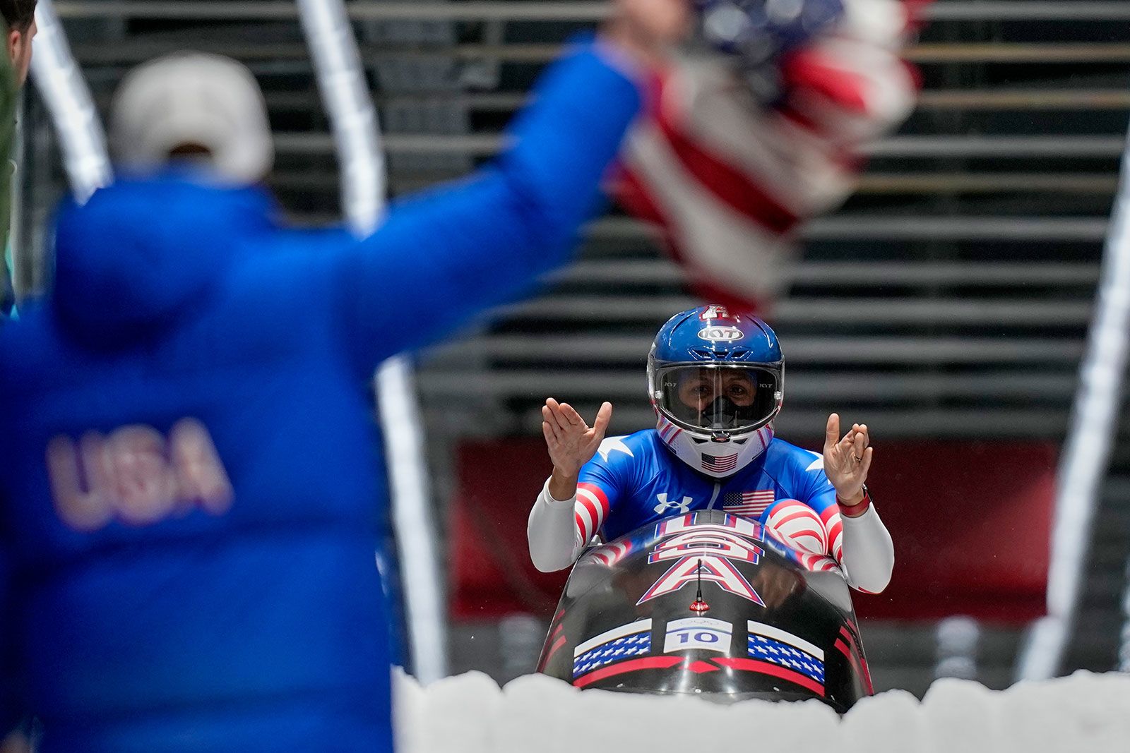 Team USA gold medalist Elana Meyers Taylor celebrates at the finish after the women's monobob competition on February 16.