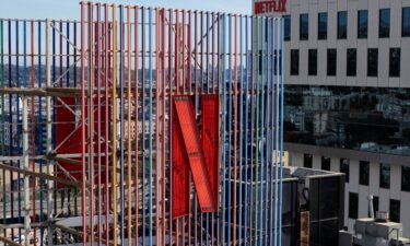 A drone view shows Netflix logos on buildings in the Hollywood neighborhood in Los Angeles