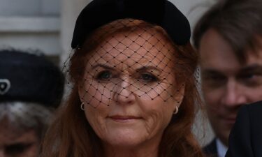 Sarah Ferguson leaves Westminster Cathedral in London on the day of the funeral of Katharine