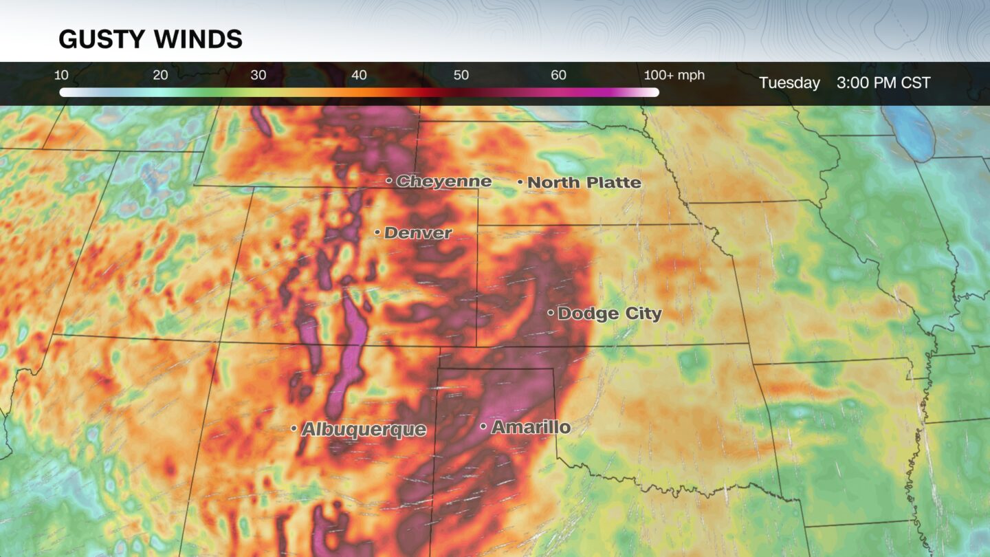 <i>CNN Weather via CNN Newsource</i><br/>The strongest winds are expected Tuesday afternoon in the darkest red shadings over the High Plains.