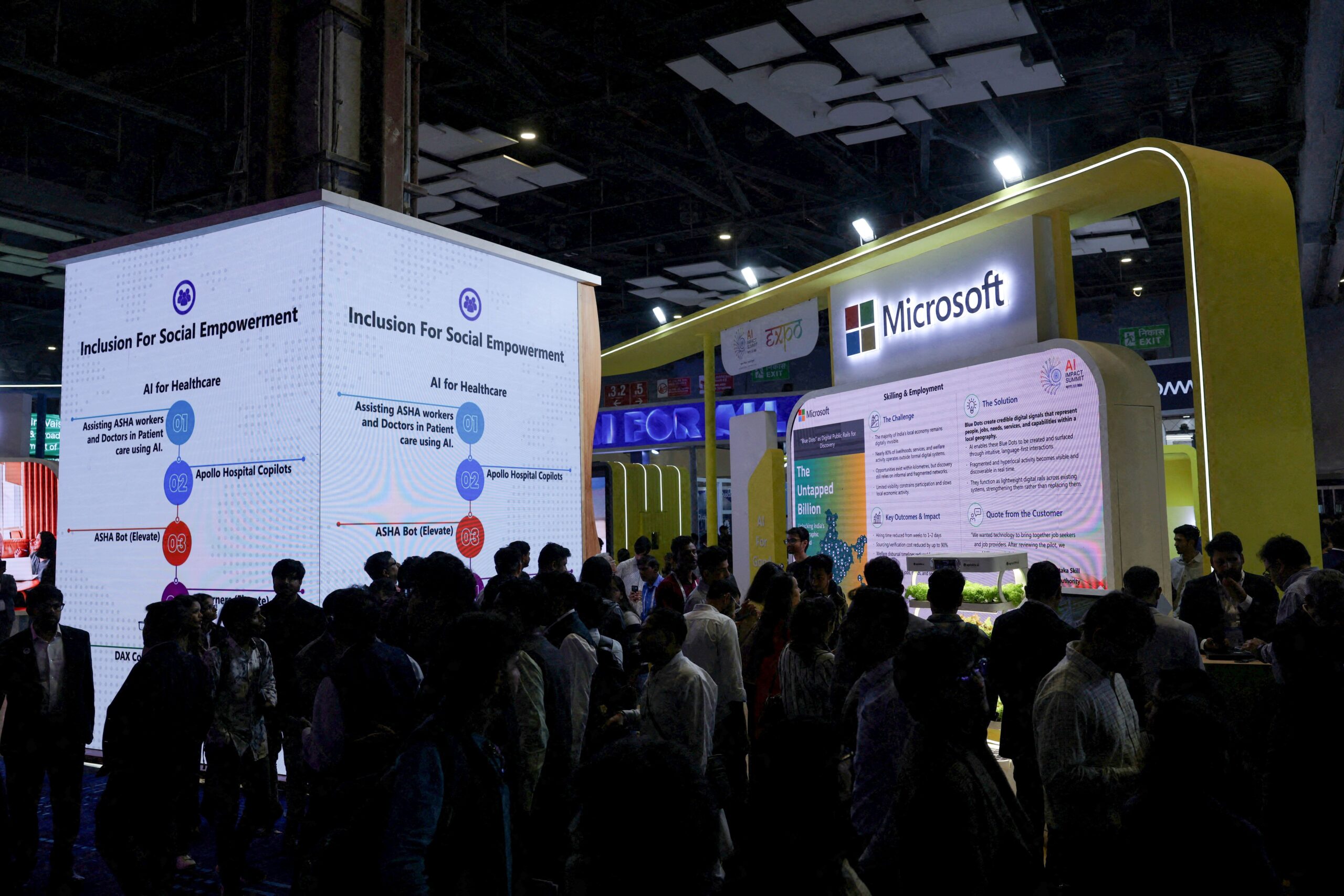 <i>Bhawika Chhabra/Reuters via CNN Newsource</i><br/>A Microsoft stall at the AI Impact Summit