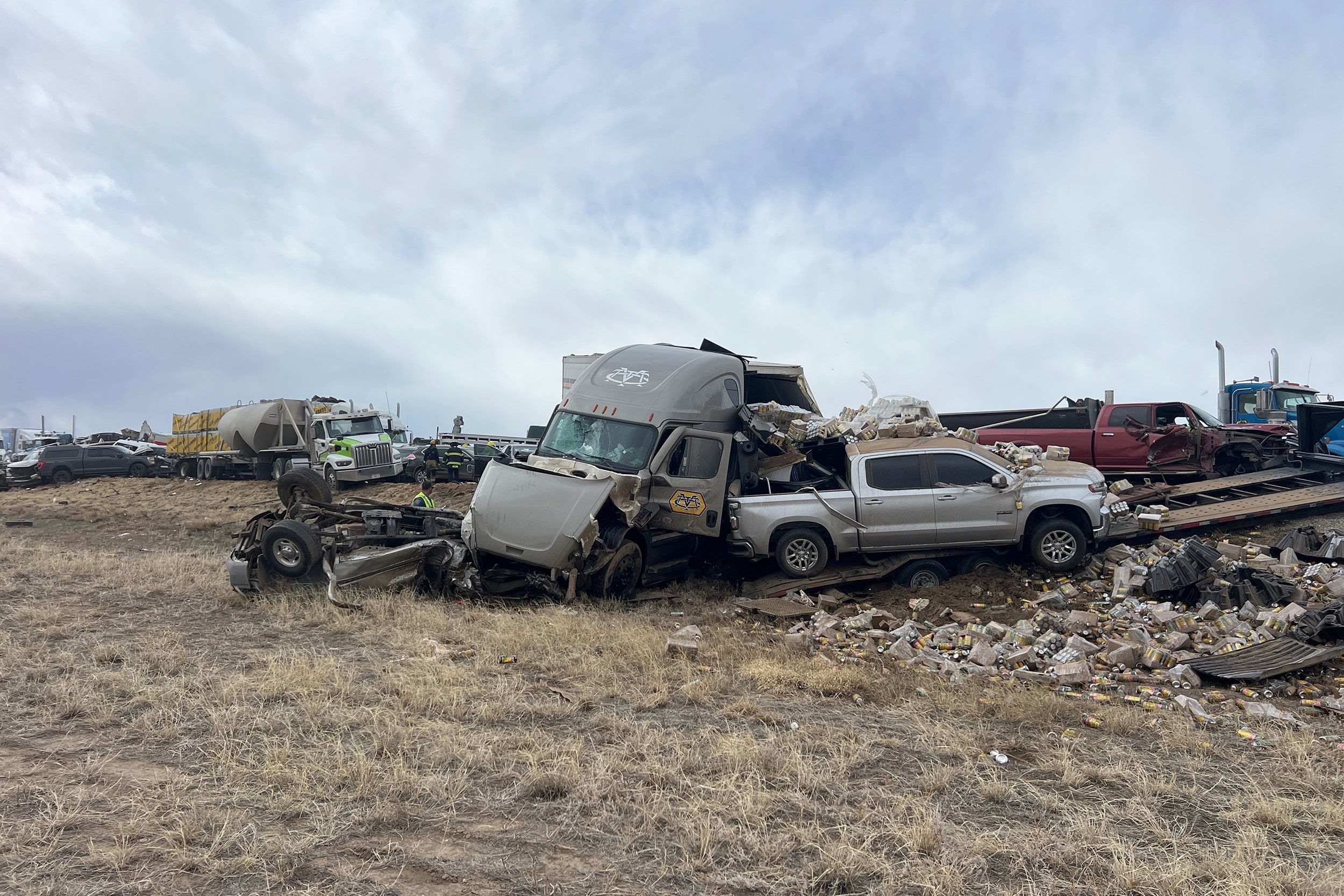 <i>Colorado State Patrol/AP via CNN Newsource</i><br/>Wreckage from a multi-vehicle crash is seen on Interstate 25 near Pueblo