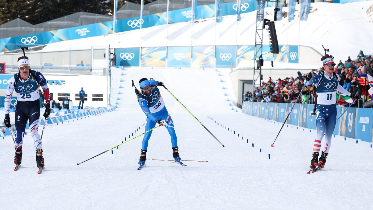 <i>NBC Olympics</i><br/>Biathletes ski to end of race together.