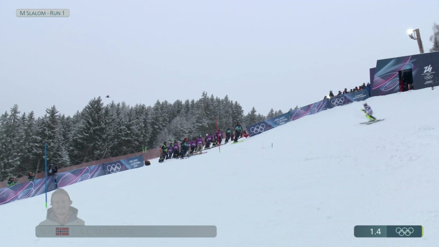 Atle Lie McGrath (NOR) posted the fastest time in Run 1 of the men's Olympic slalom