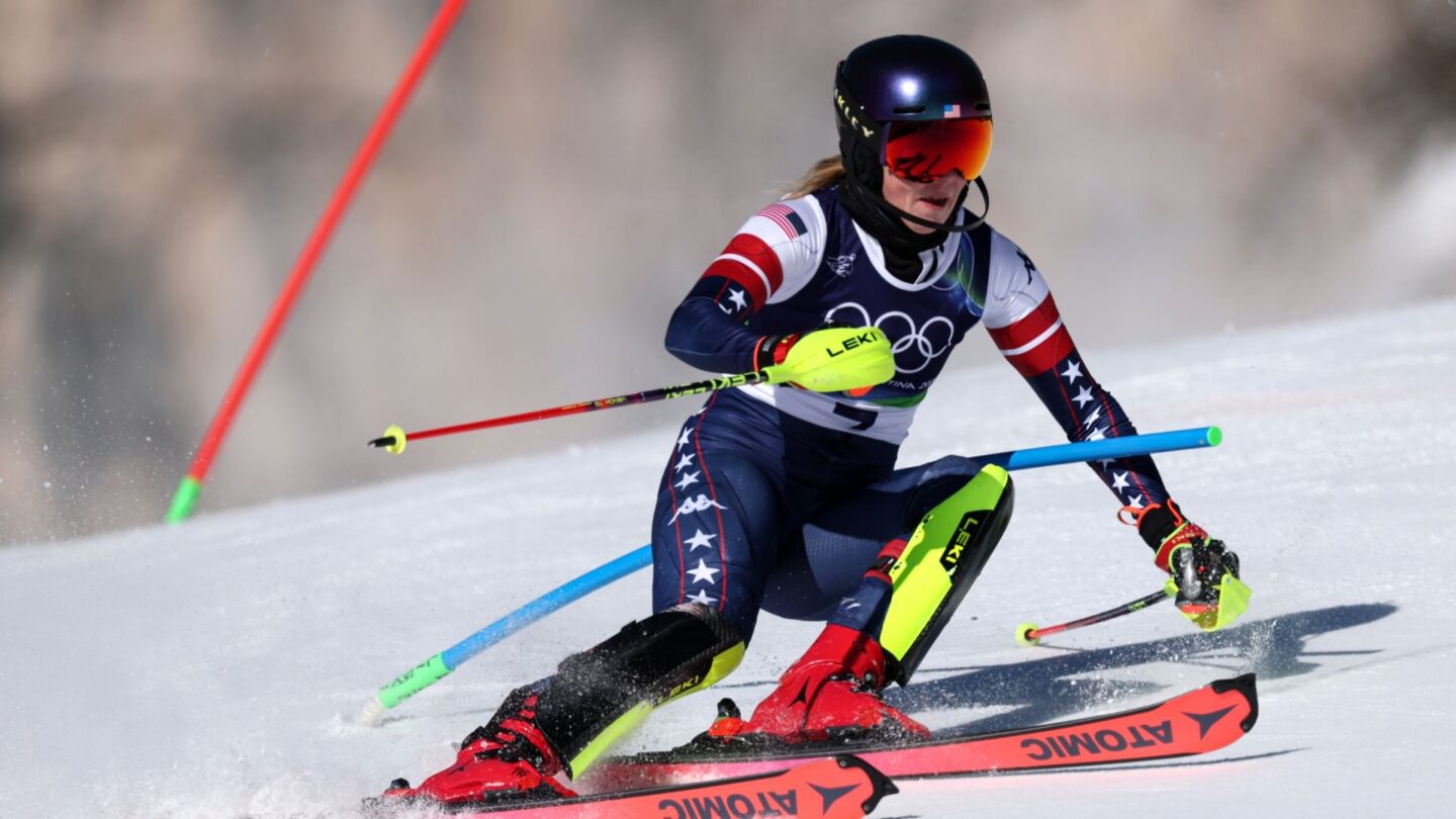 <i>NBC Olympics</i><br/>Mikaela Shiffrin competes in the women's slalom at the 2026 Milan Cortina Olympics.