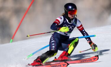 Mikaela Shiffrin competes in the women's slalom at the 2026 Milan Cortina Olympics.