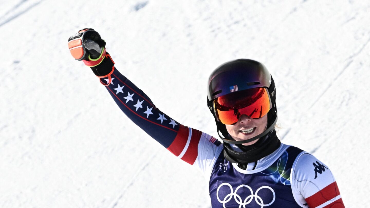 <i>NBC Olympics</i><br/>Mikaela Shiffrin raises a fist in the air after winning gold in the women's slalom.