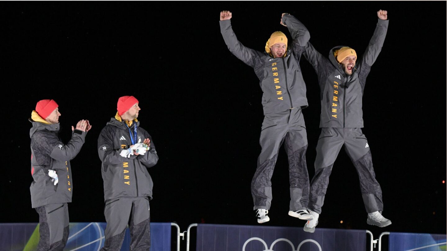 <i>NBC Olympics</i><br/>Johannes Lochner and Georg Fleischhauer jump on podium