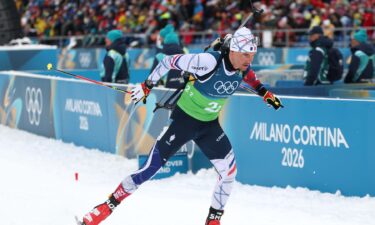 A French biathlete in the men's relay.
