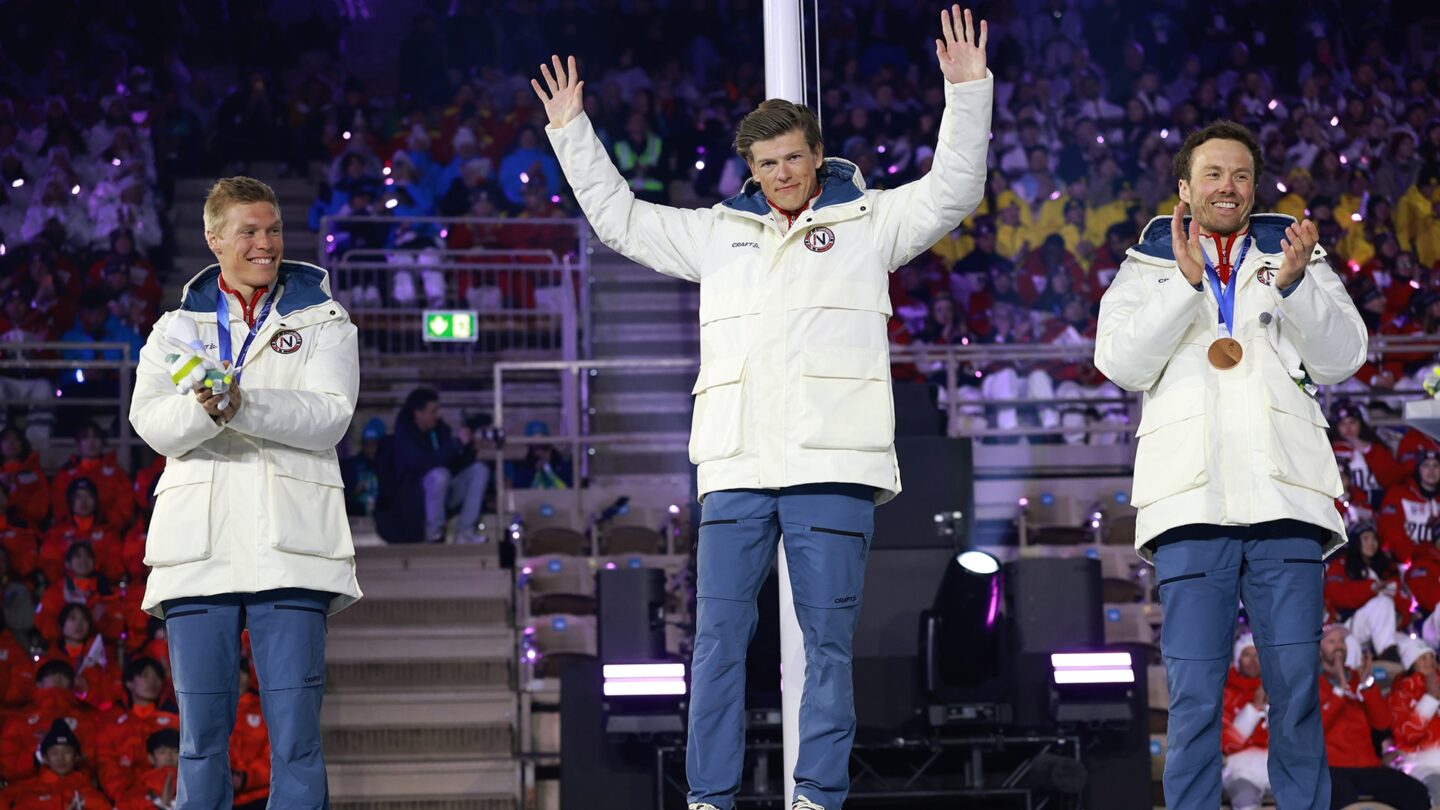 <i>NBC Olympics</i><br/>Johannes Hoesflot Klaebo celebrates receiving his sixth medal of the Milan Cortina Olympics