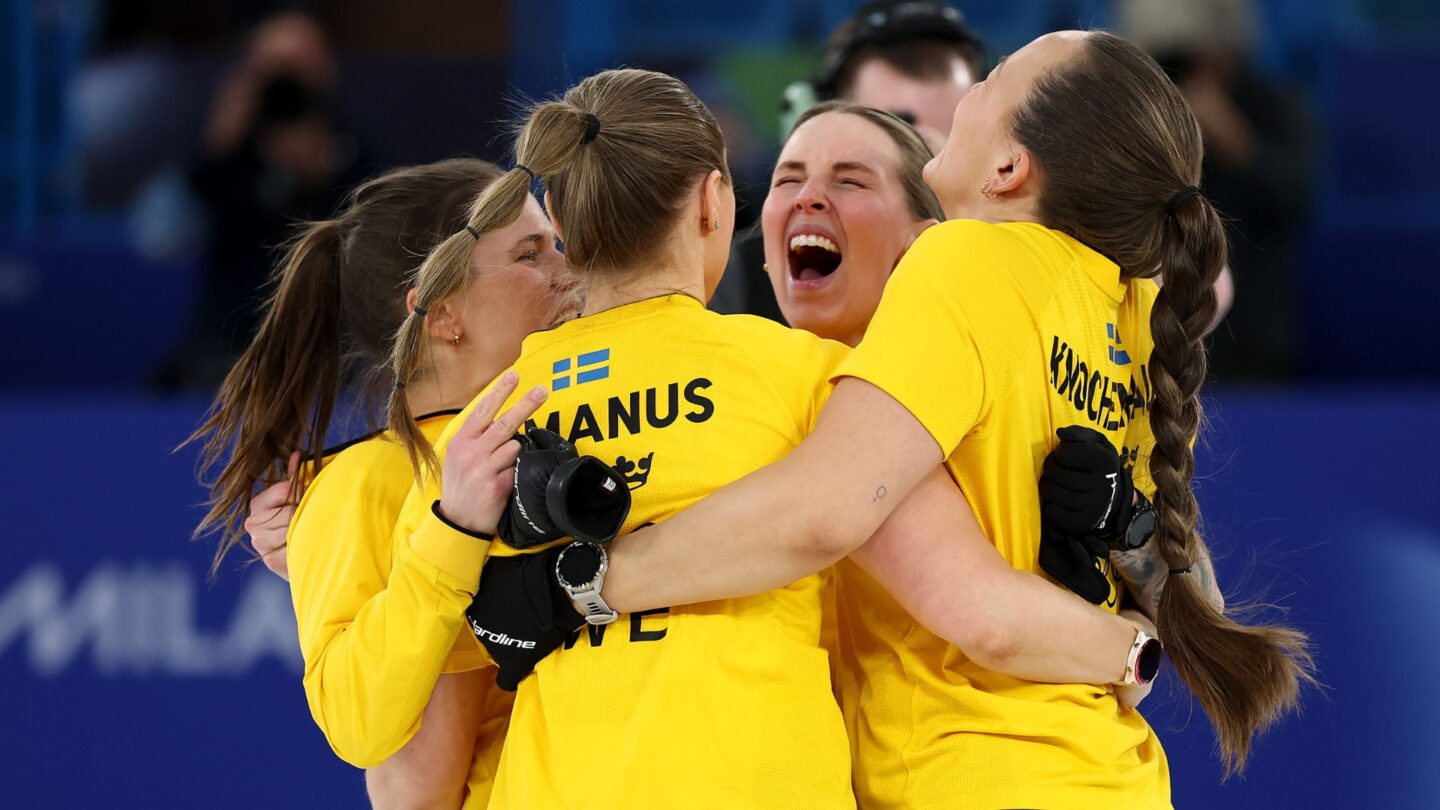 <i>NBC Olympics</i><br/>Sweden curlers hug to celebrate win