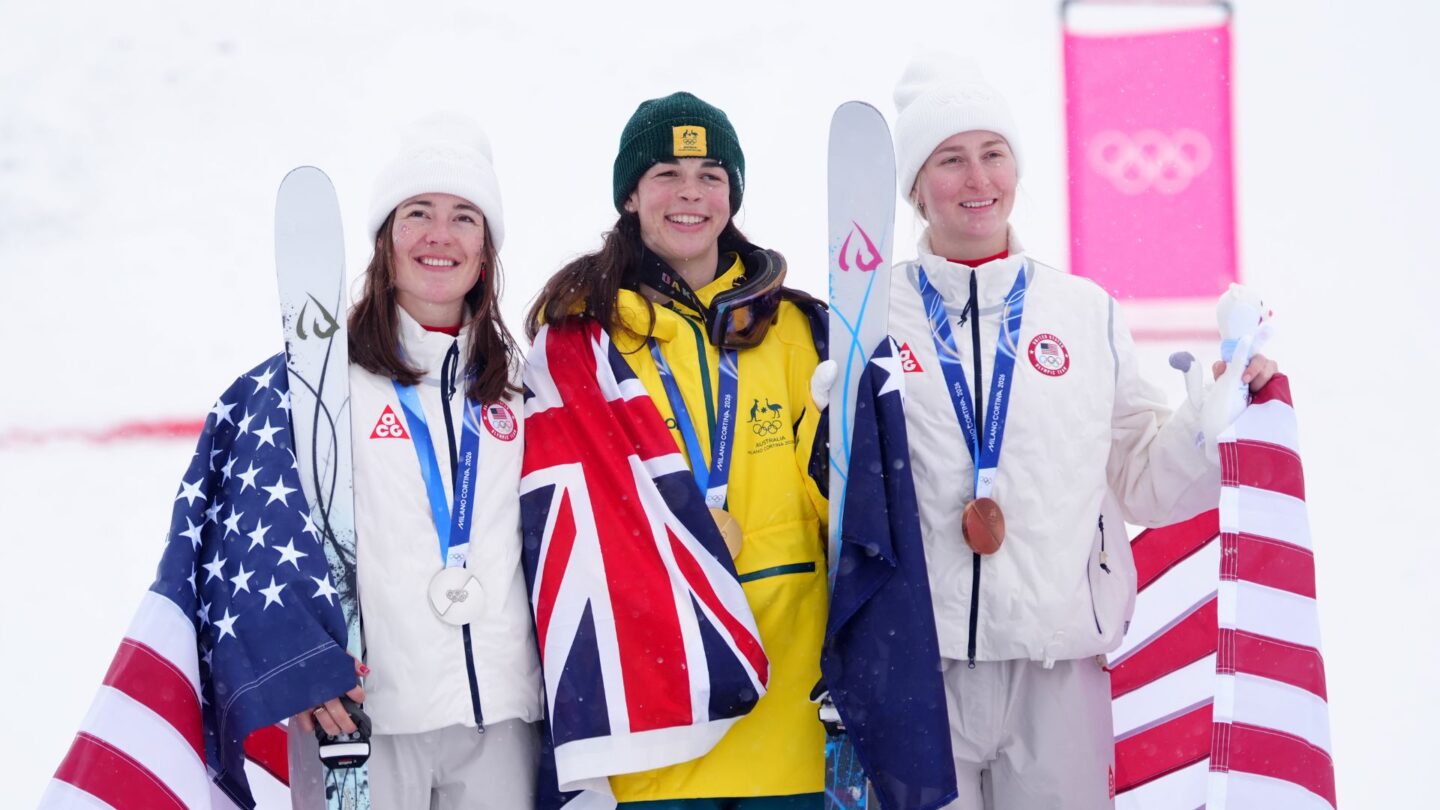 Women's Olympic dual moguls podium