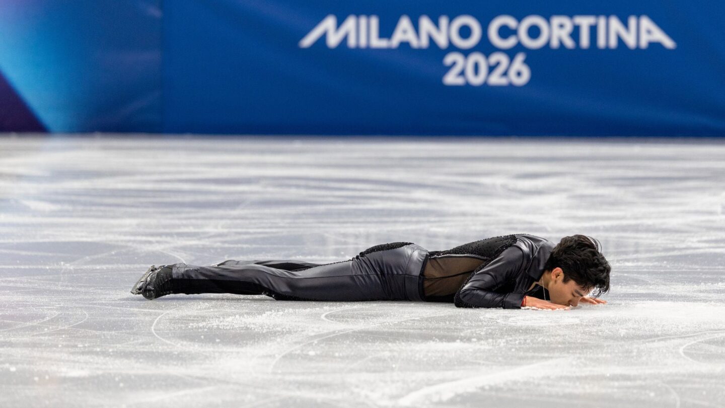 Donovan Carrillo kisses the ice