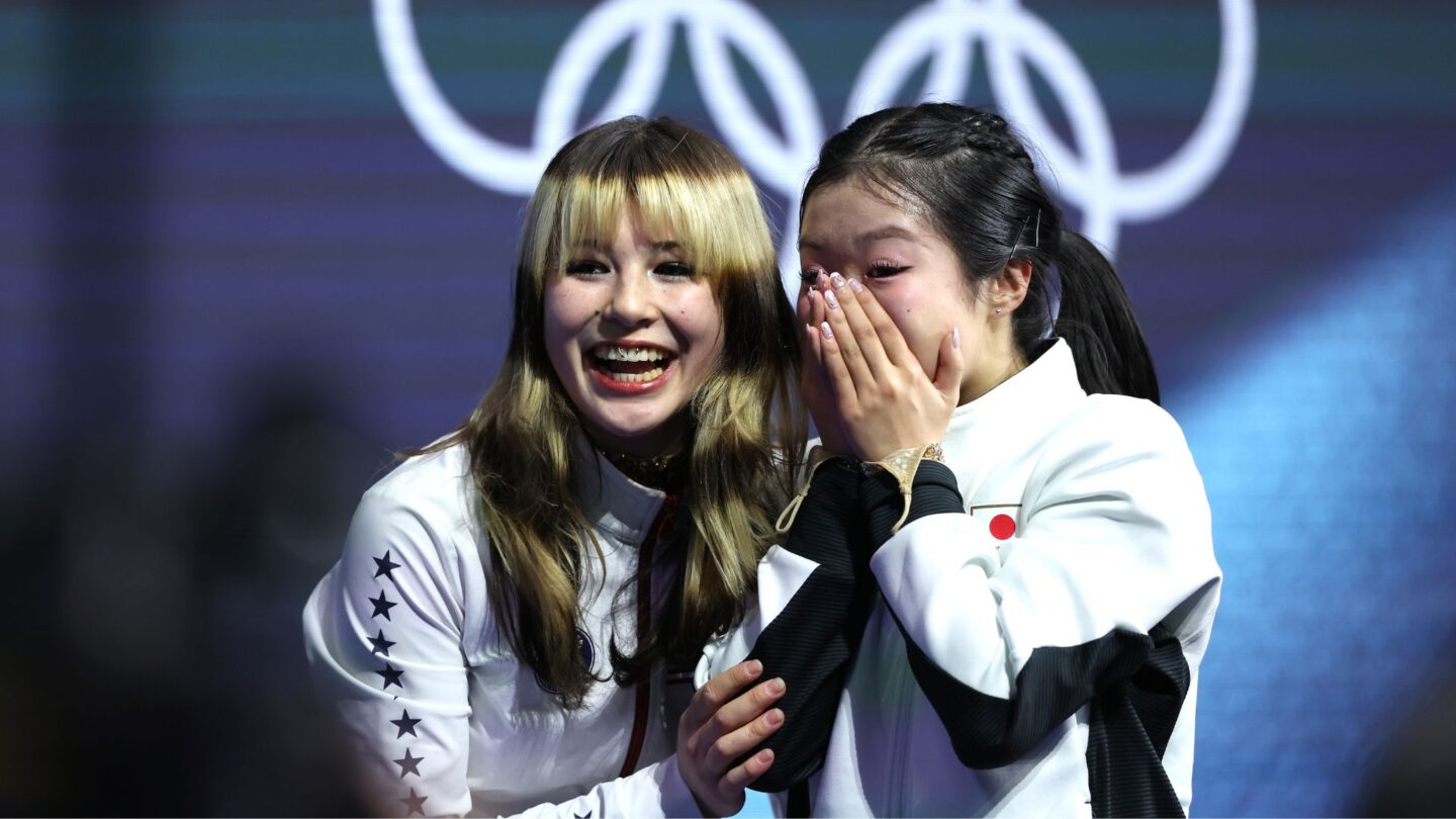 <i>NBC Olympics</i><br/>Alysa Liu reacts to her gold medal win.