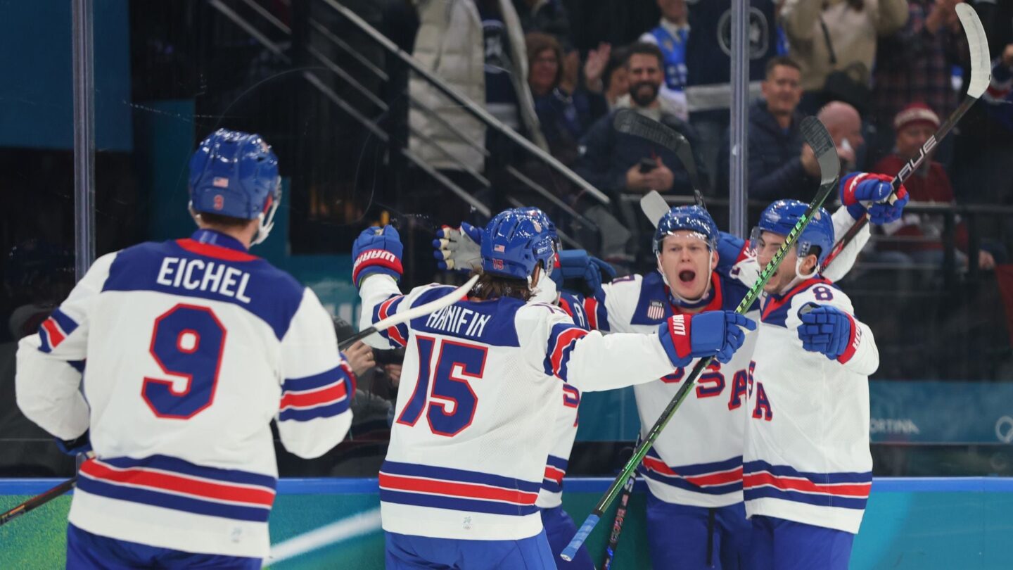 U.S. men's hockey celebrates win over Latvia