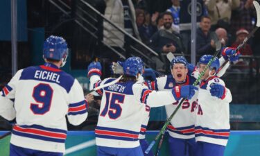 U.S. men's hockey celebrates win over Latvia
