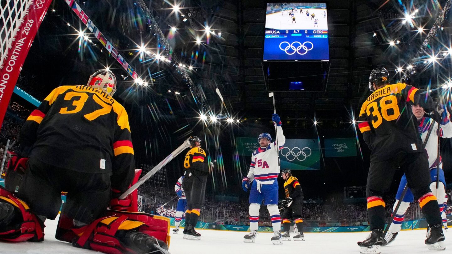 U.S. men's hockey celebrates a goal.
