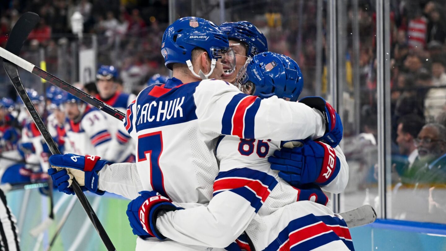 <i>NBC Olympics</i><br/>Team USA men's hocky celebrating a goal.