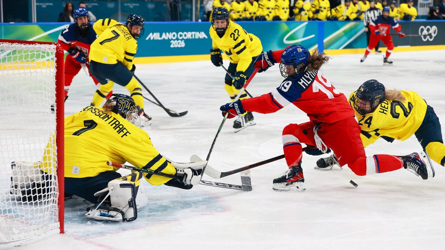 Swedish women's hockey goalie Ebba Traff Svensson stops a shot against Czechia in the quarterfinals of the 2026 Olympics.