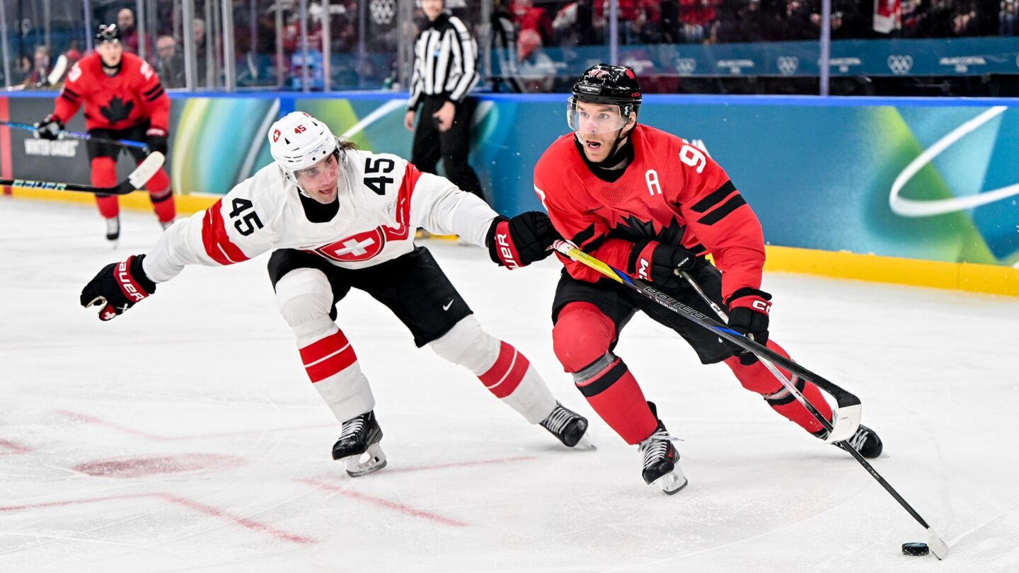 Connor McDavid playing against Switzerland.