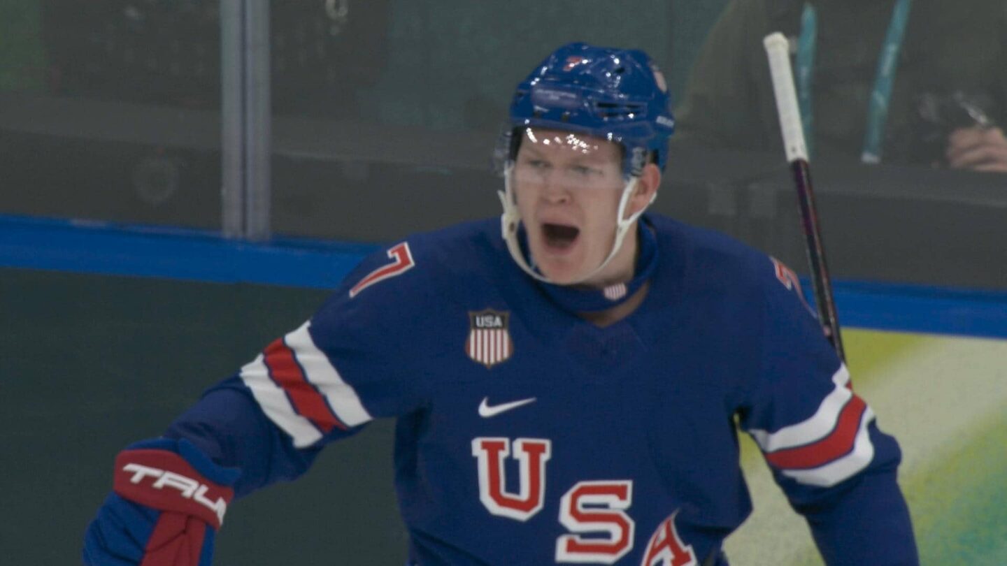 U.S. men's hockey player Brady Tkachuk celebrates after scoring against Denmark
