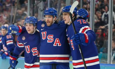 United States men's hockey celebrates a goal.