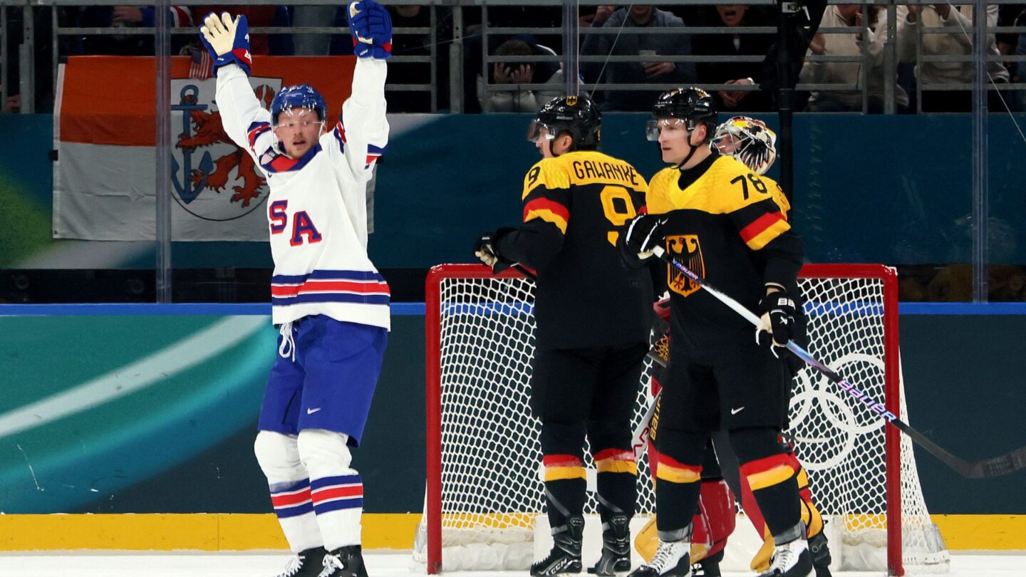 Jack Eichel celebrates Brock Faber's goal.
