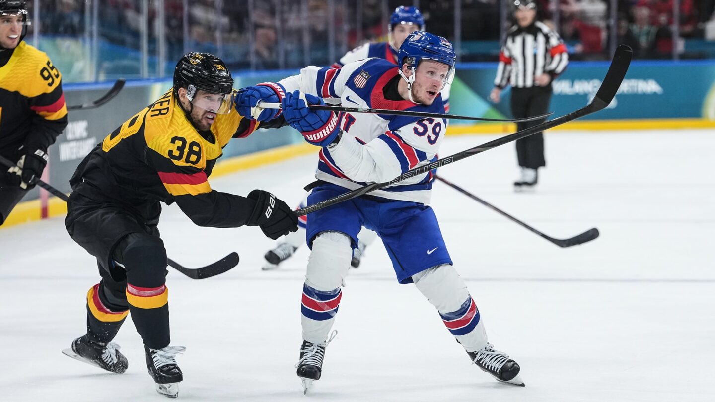 Jake Guentzel shoots and scores against Germany in a group stage win at the 2026 Milan Cortina Olympics.