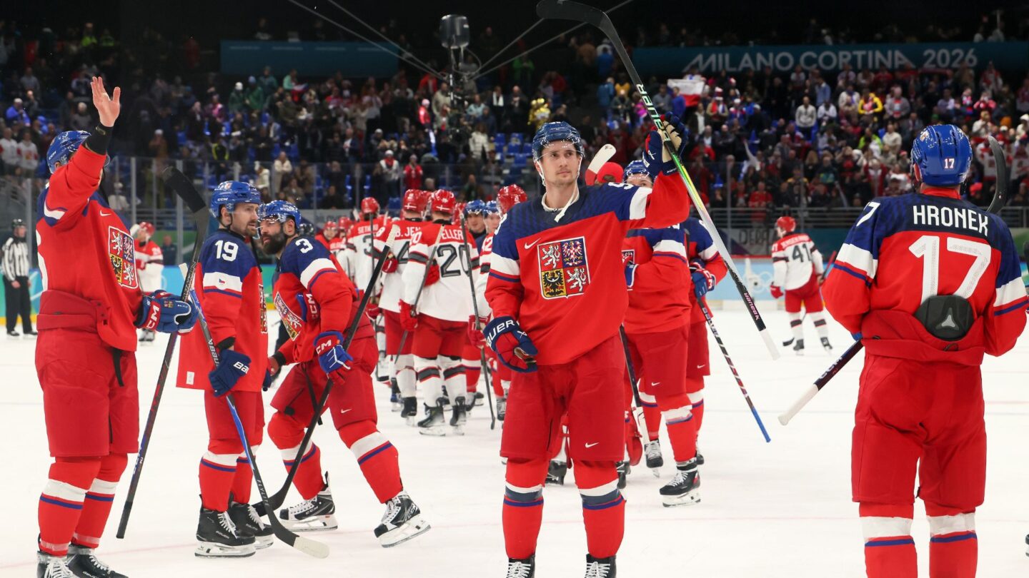 <i>NBC Olympics</i><br/>The Czechia men's hockey celebrates after beating Denmark in the men's qualification playoff at the 2026 Milan Cortina Olympics.