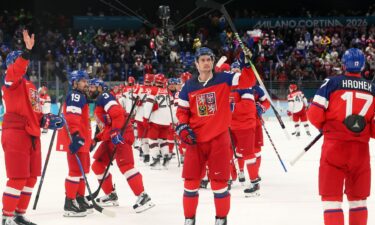 The Czechia men's hockey celebrates after beating Denmark in the men's qualification playoff at the 2026 Milan Cortina Olympics.