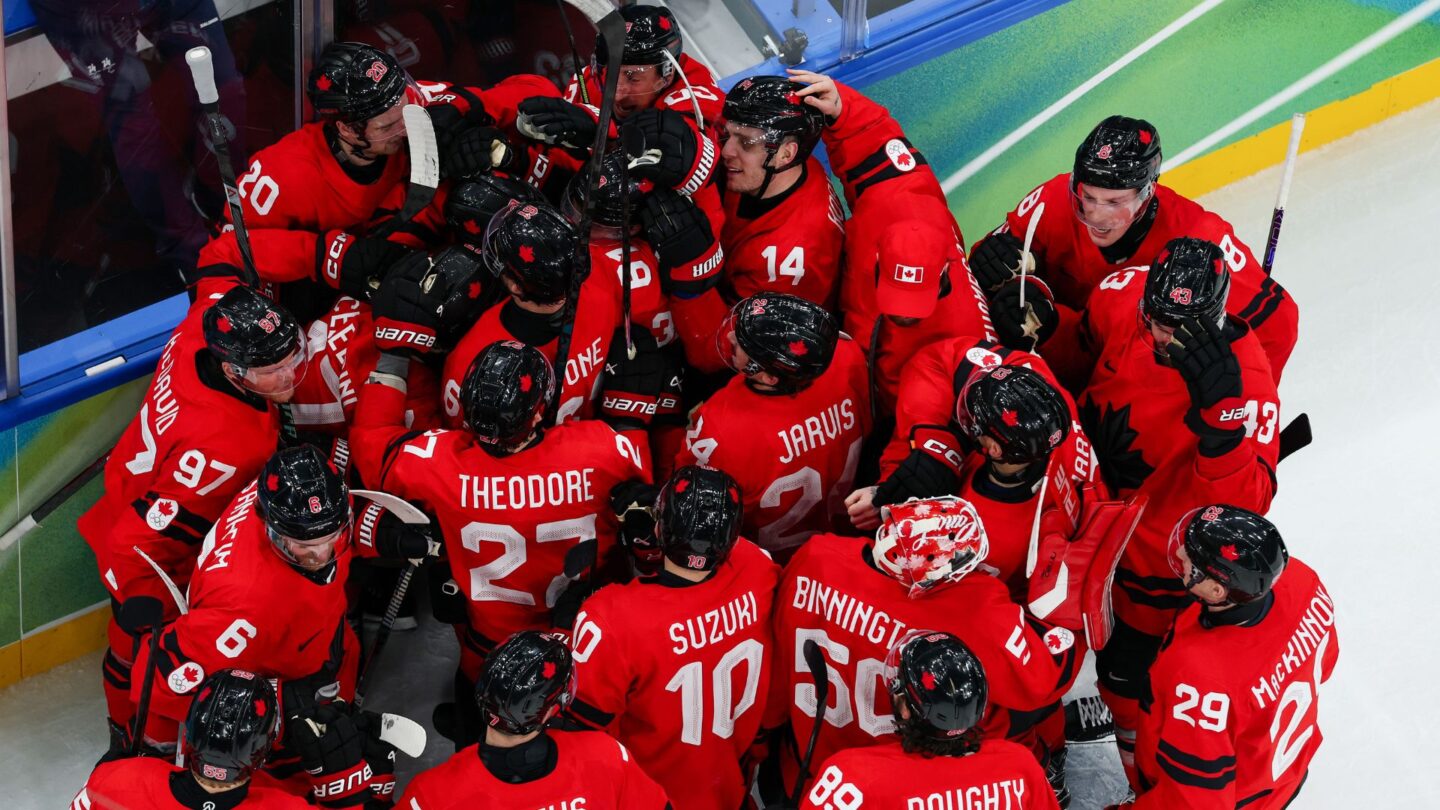 <i>NBC Olympics</i><br/>Canada's men's hockey team celebrates after defeating Czechia in the Olympic quarterfinal round.
