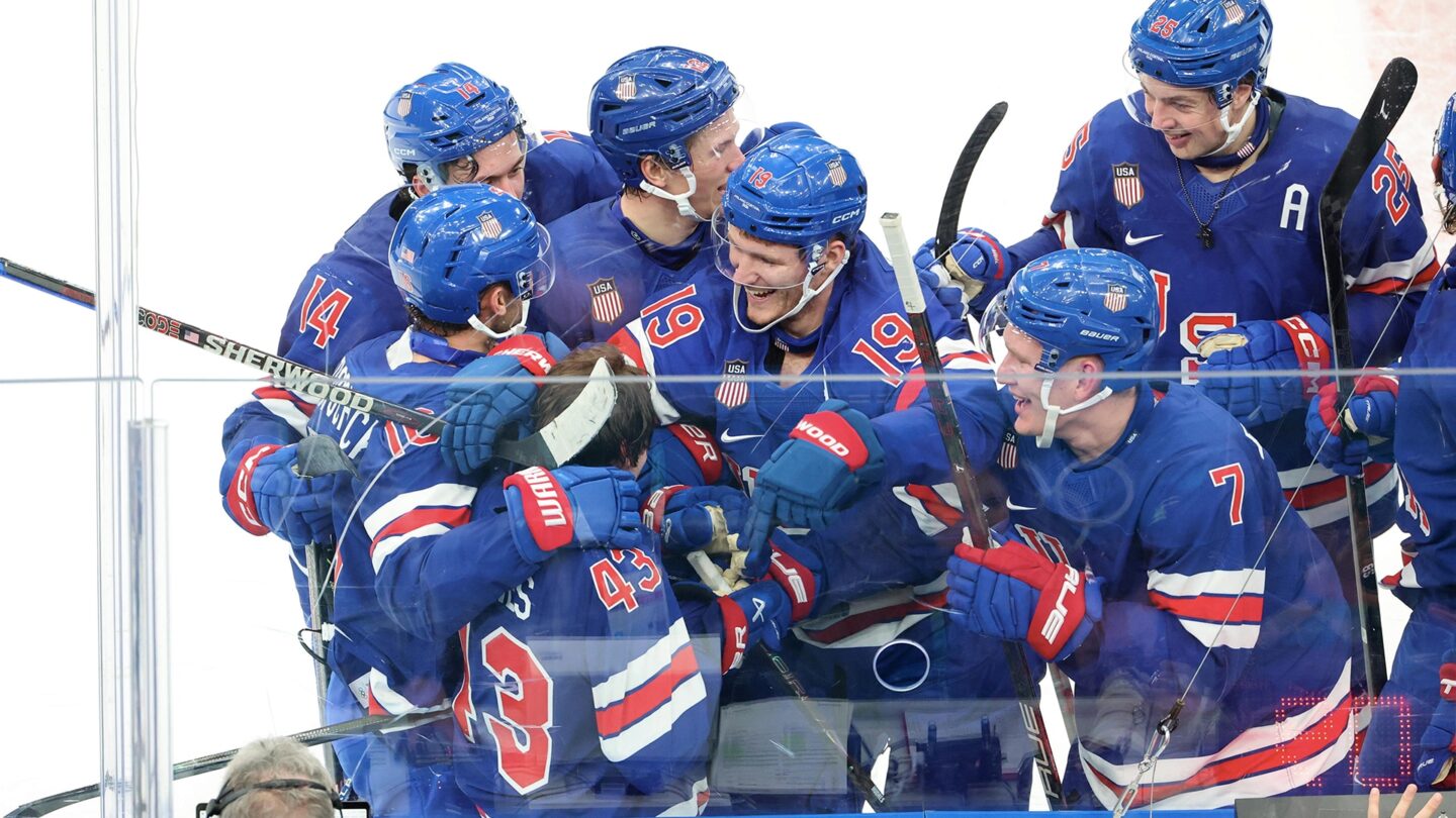 <i>NBC Olympics</i><br/>Team USA men's hockey celebrates vs. Sweden.